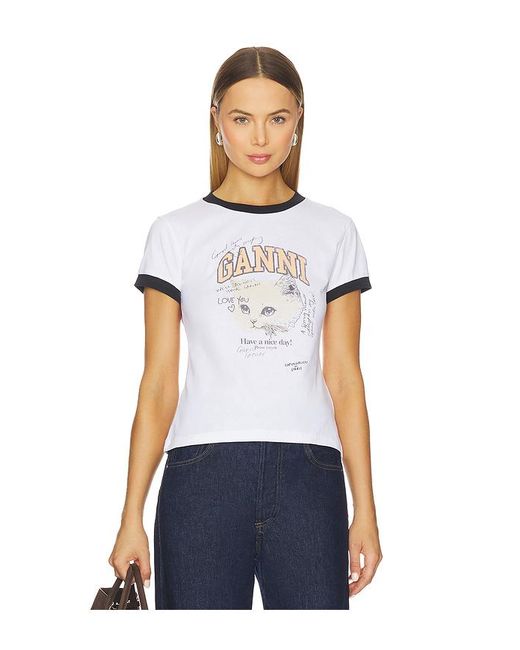 Ganni White Basic Cotton Jersey Kitty Fitted T-Shirt