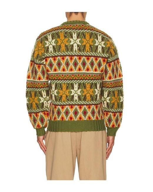 Beams Plus Green Crew Fair Isle Pattern 3G Sweater for men