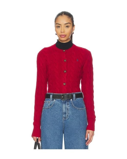 Polo Ralph Lauren Red Cable Knit Wool Cashmere Cardigan