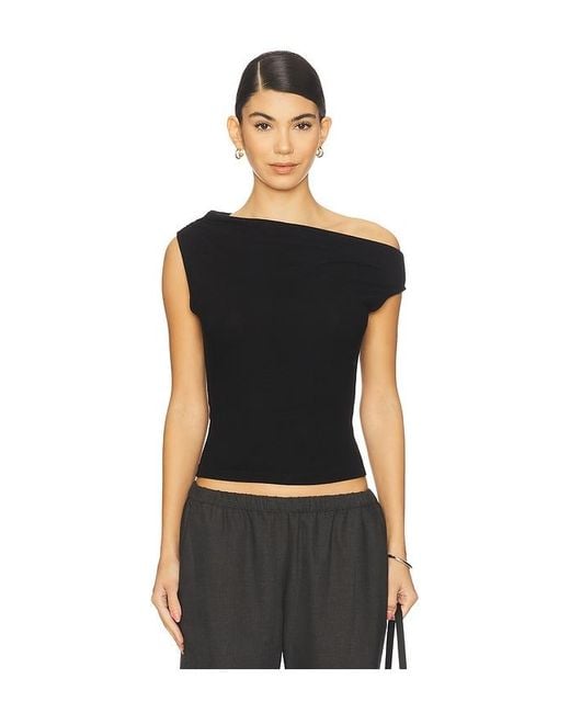 Leset Black Lauren Ruched Asymmetrical Shoulder Top
