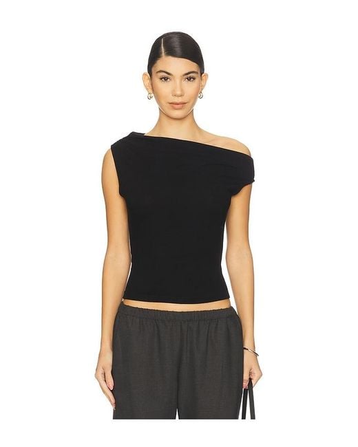 Leset Black Lauren Ruched Asymmetrical Shoulder Top