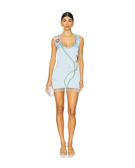 Oceanus Blue Darcy V-Neck Satin Beaded Mini Dress