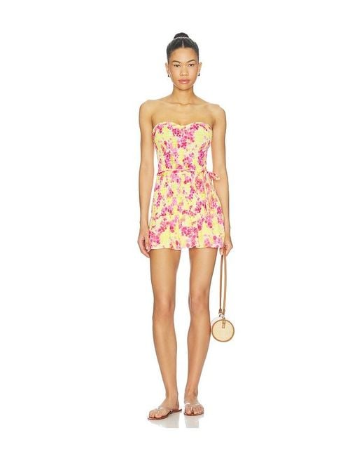 Indah Multicolor Abigail Printed Pinch Front Bandeau Bubble Ruffle Mini Dress With Scarf