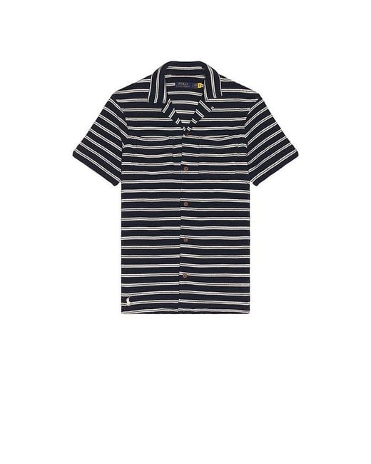 Polo Ralph Lauren Black Short Sleeve Cotton Bar Stripe Textured Andy Camp Shirt for men