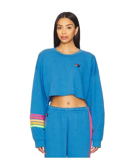 Aviator Nation Blue Rugby Stitch Relaxed Cropped Crew Sweatshirt