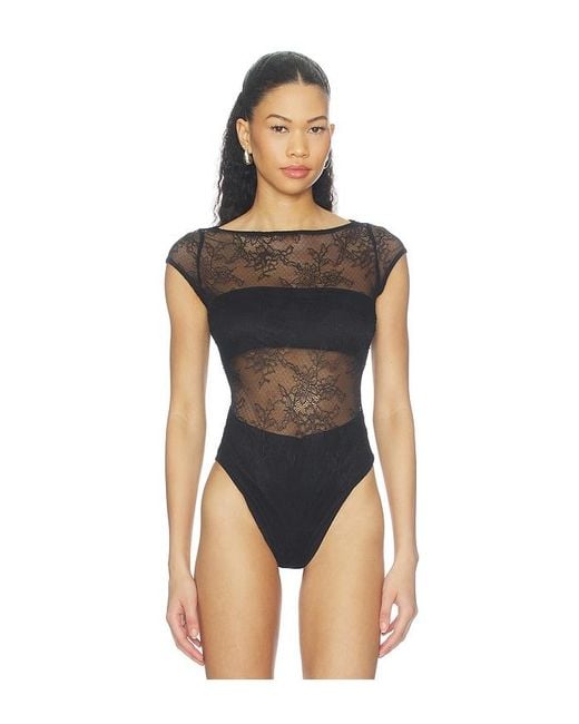 Runaway the Label Black Opaline Boat Neck Lace Bodysuit
