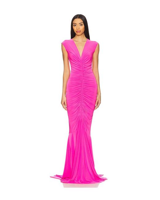 Norma Kamali Pink Ärmelloses Fischgrätabendkleid Mit V-Ausschnitt Und Raffungen Vorn