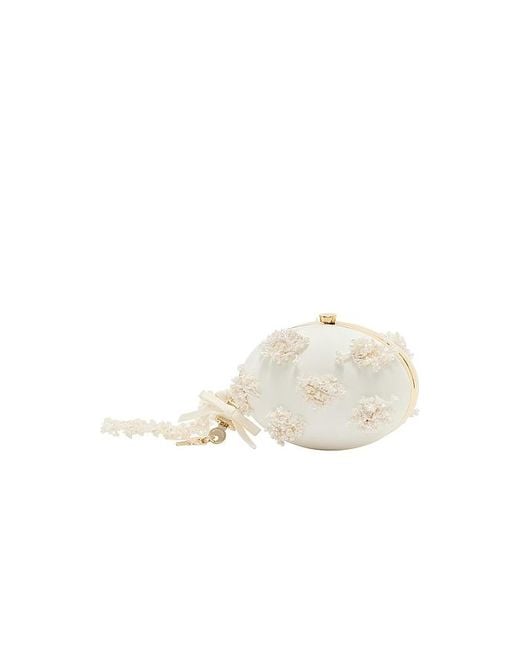 Self-Portrait White Satin Floral Beaded Oval Clutch