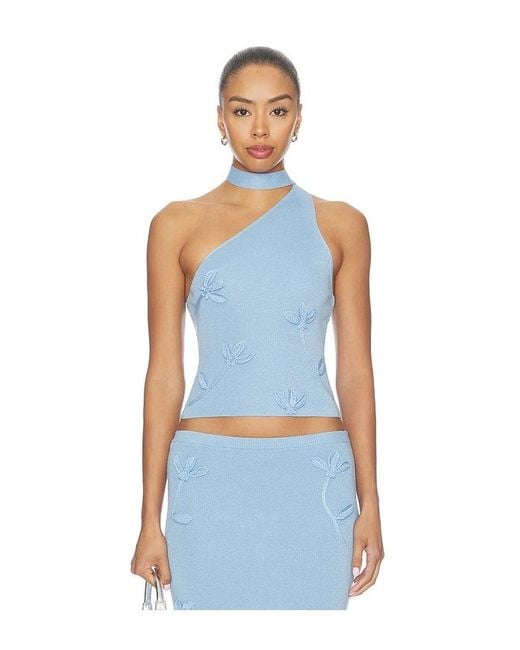 MAJORELLE Blue Kaidyn One Shoulder Flower Embroidered Top
