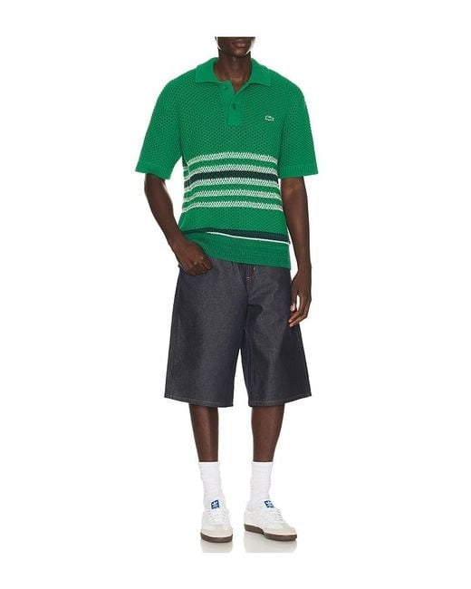 Lacoste Green Runway Lacy Striped Polo Collar Sweater for men