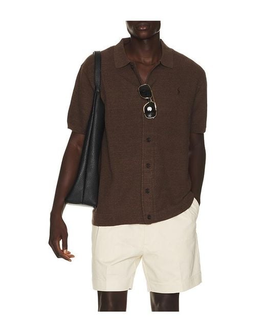 Polo Ralph Lauren Brown Short Sleeve Cotton Blend Textured Cardigan Sweater With Collar for men