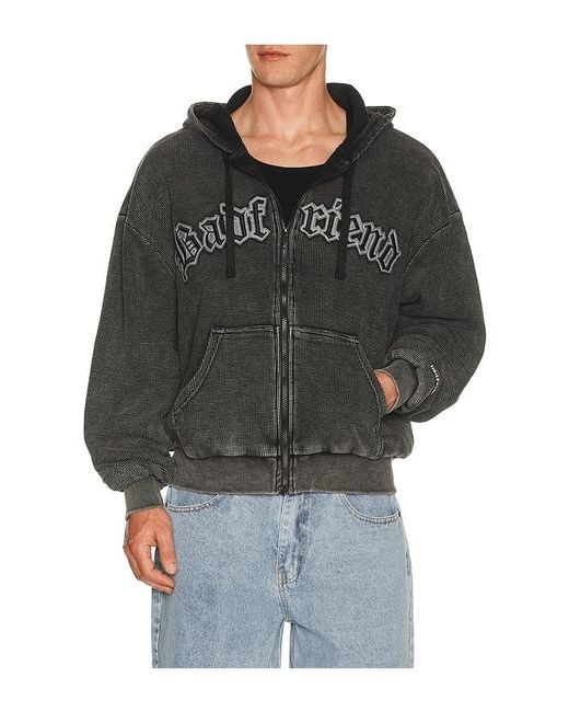 Badfriend Black Waffle Knit Full Zip Hoodie for men