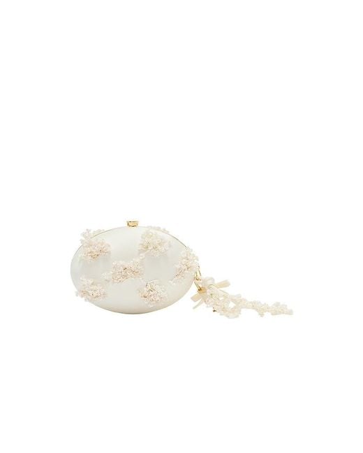 Self-Portrait White Satin Floral Beaded Oval Clutch