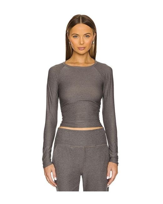 Beyond Yoga Brown Featherweight Your Fit Shirred Long Sleeve Top