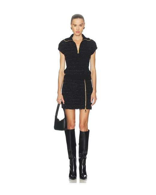 Balmain Black Zipped Short Sleeve Tweed Top