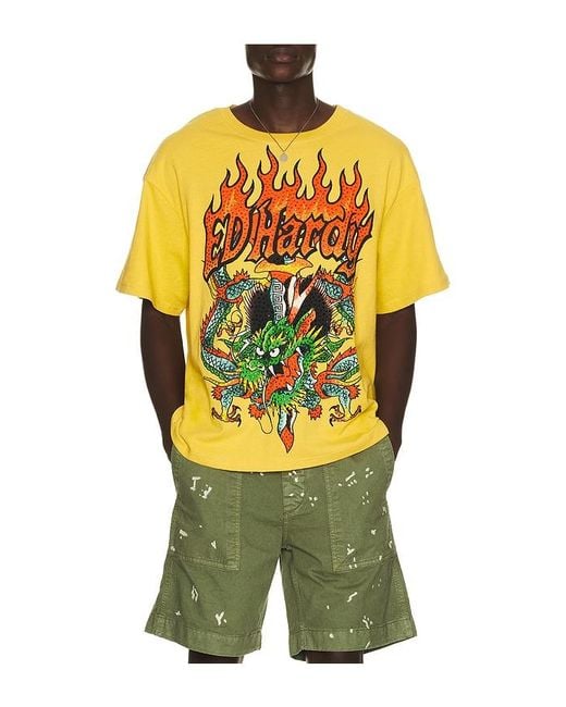 Ed Hardy Yellow Dragons Boxy Rhinestone Tee for men