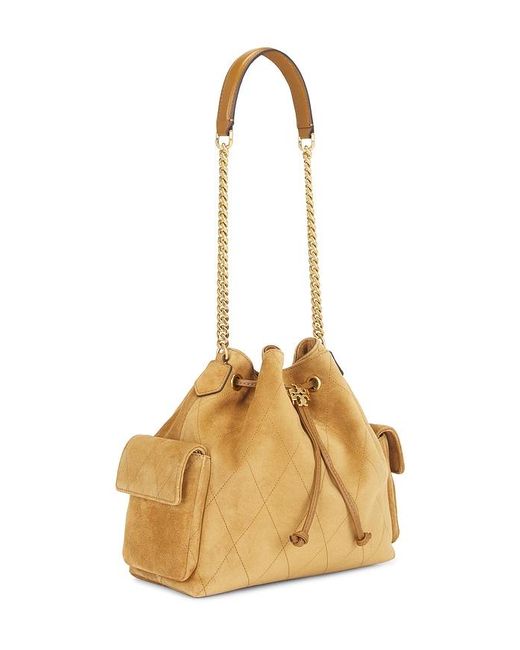 Tory Burch Metallic Charlie Quilted Suede Drawstring Shoulder Bag