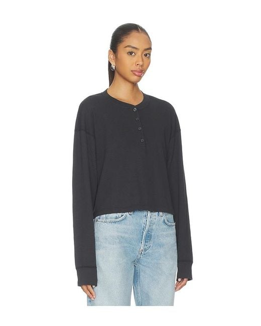 Re/done Blue Boxy Waffle Henley Top