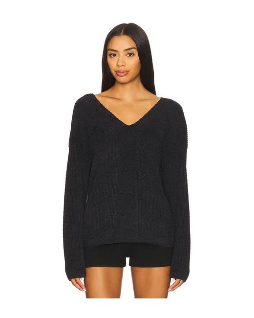 Barefoot Dreams Black Cozychic Lite Ribbed V Pullover With Back Tie