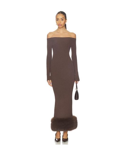 Lovers + Friends Brown Ling Off The Shoulder Faux Fur Detail Dress
