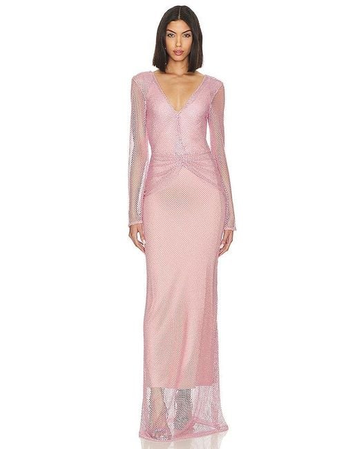 PATBO Pink Rhinestone Netted Plunge Gown