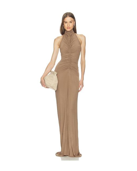 Atlein Natural Halter Neck Front Ruched Gown