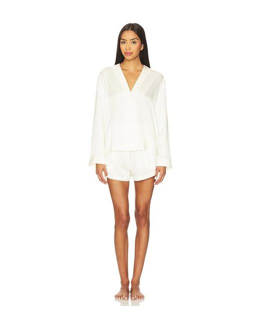 Lunya White Washable Silk Button Up Long Sleeve Short Set