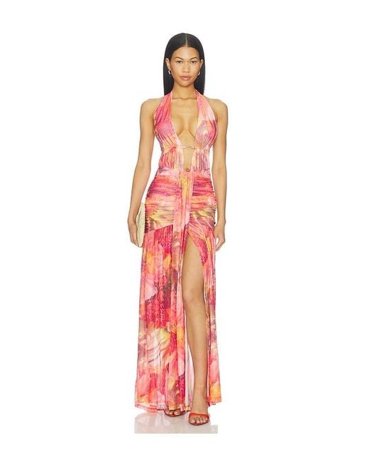 Runaway the Label Red Adrianna Plunge Ruched Maxi Dress