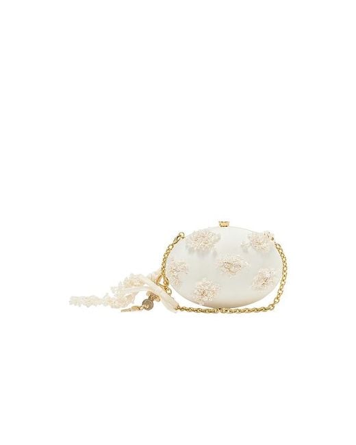 Self-Portrait White Satin Floral Beaded Oval Clutch