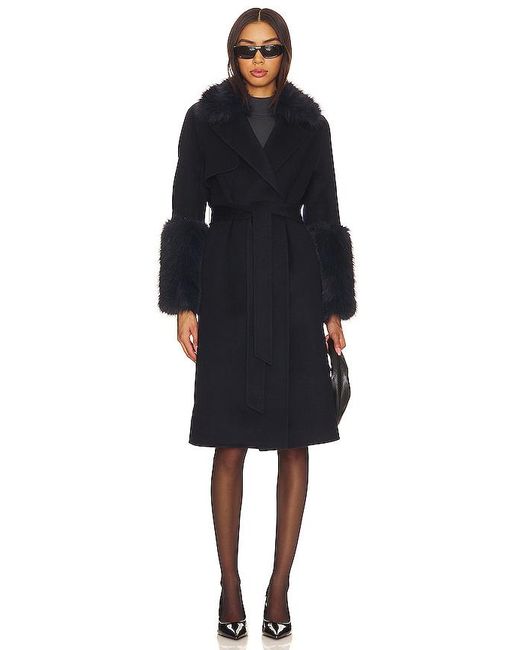 Adrienne Landau Black Faux Fur Trim Wool Coat