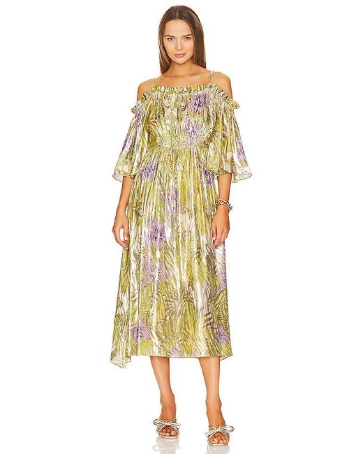 Hayley Menzies Yellow Off Shoulder Silk Lurex Jacquard Gathered Dress