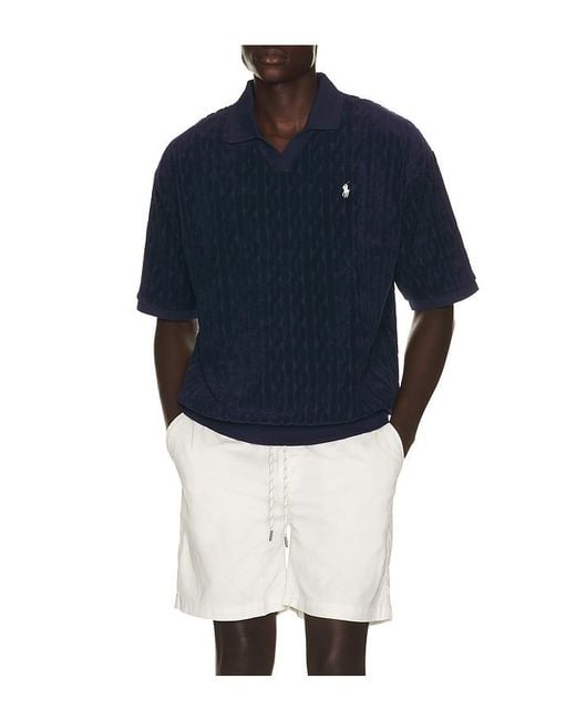 Polo Ralph Lauren Blue Short Sleeve Cable Terry Johnny Collar Polo for men