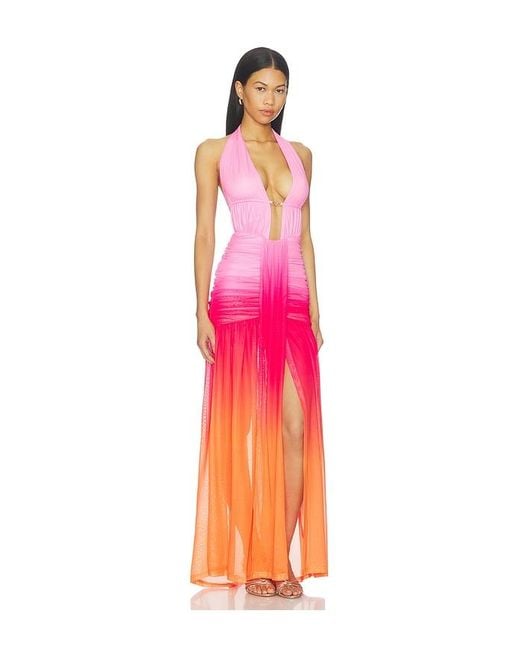 Runaway the Label Pink Adrianna Plunge Ruched Maxi Dress