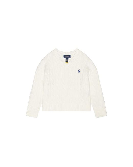 Polo Ralph Lauren White Long Sleeve Cotton Cable Knit V Neck Sweater