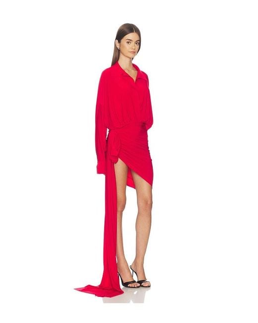 Norma Kamali Red Oversized Shirt Side Drape Dress With Bow