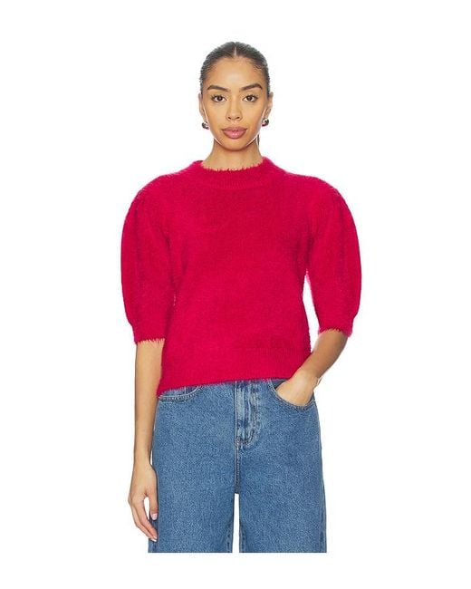Bobi Red Mock Neck Puff Sleeve Sweater