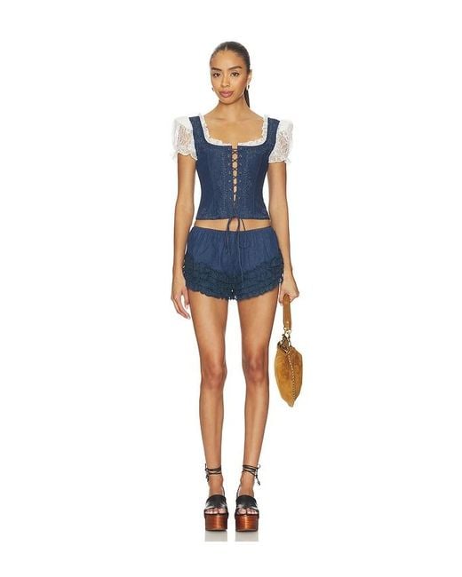 For Love & Lemons Blue Yasmin Ruffle Shorts