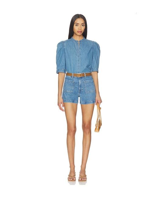 Madewell Blue Denim Puff Sleeve Band Collar Shirt