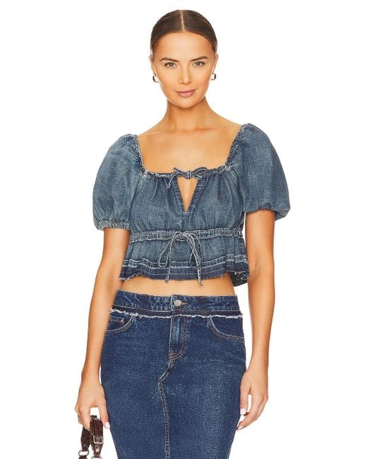 Ganni Denim Puff Sleeve Top in Blue Lyst