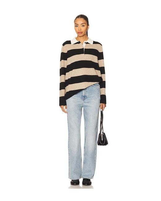 White + Warren Black Cashmere Rugby Stripe Polo