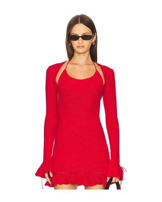 GUIZIO Red Crochet Ruffle Sleeve Bolero