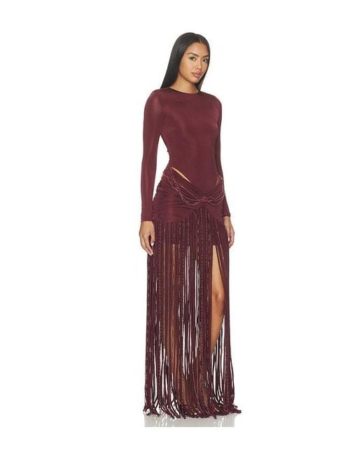 PATBO Red Taffeta Tarsila Fringe Maxi Dress