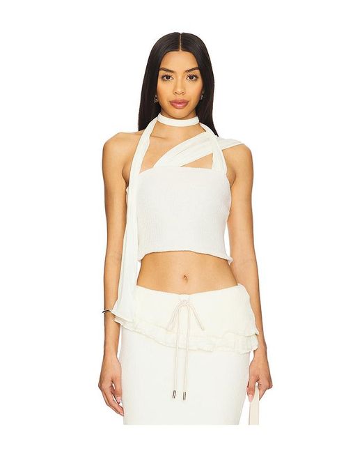 ZEMETA White Milky Knit Tie Scarf Top