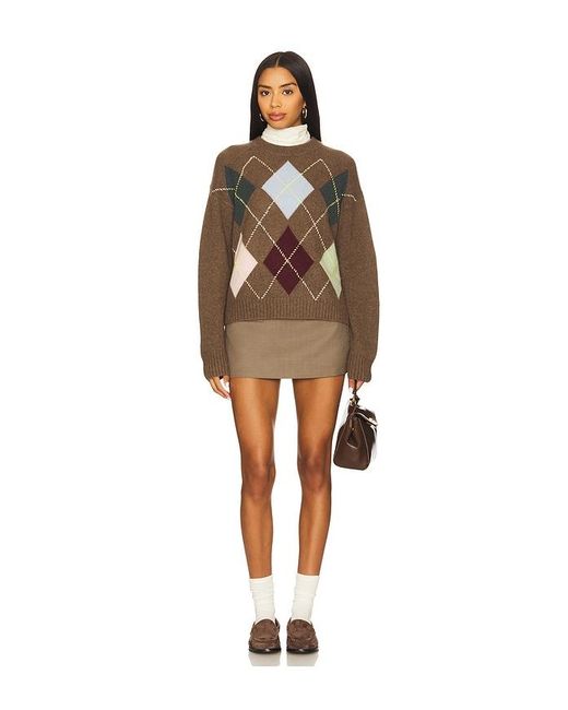 White + Warren Brown Cashmere Argyle Crew Sweater