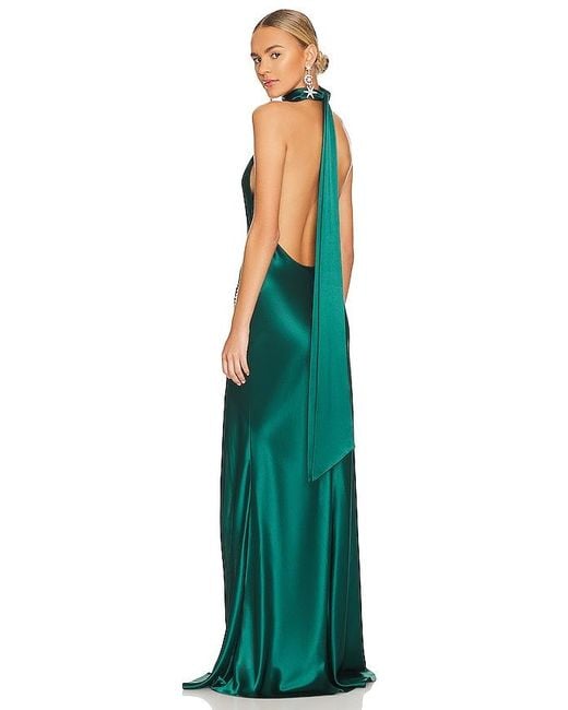 SAU LEE Green Penelope Satin Halter Gown
