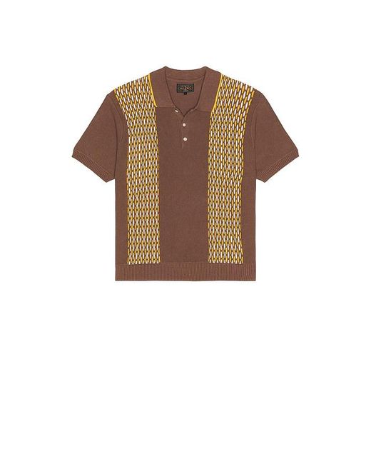 Beams Plus Brown Knit Polo Front Stripe Jacquard for men