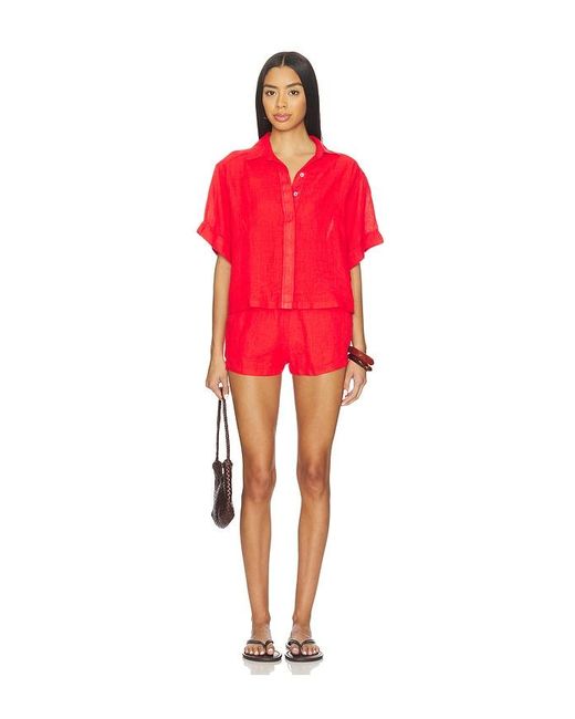 PQ Swim Red Linen Button Up Top