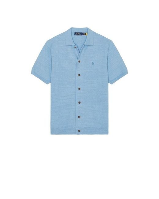 Polo Ralph Lauren Blue Short Sleeve Cotton Blend Textured Cardigan Sweater With Collar for men