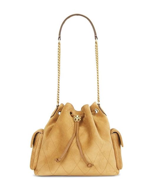 Tory Burch Metallic Charlie Quilted Suede Drawstring Shoulder Bag