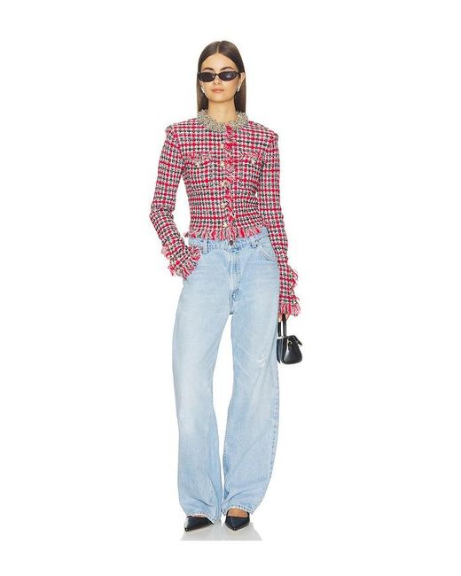Self-Portrait Red Check Frayed Knit Jacket